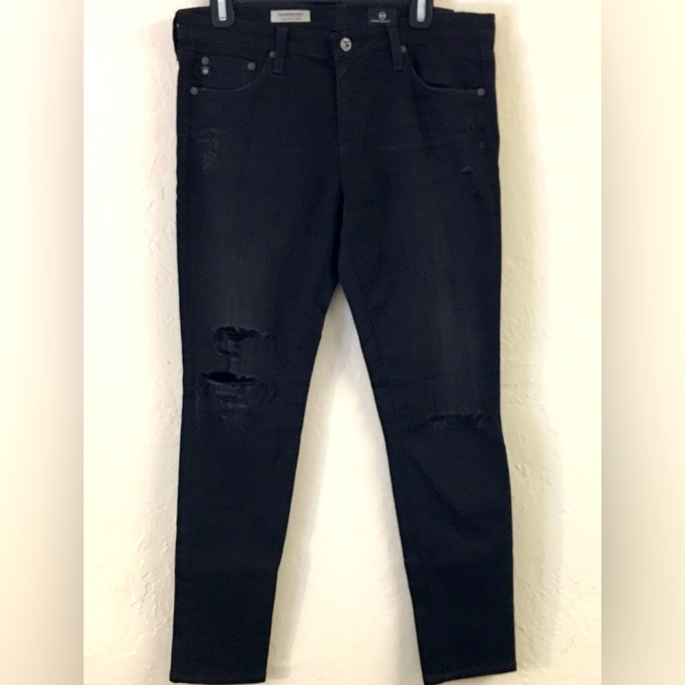 AG Super Skinny Ankle Jean 31 Black Stretch Distressed